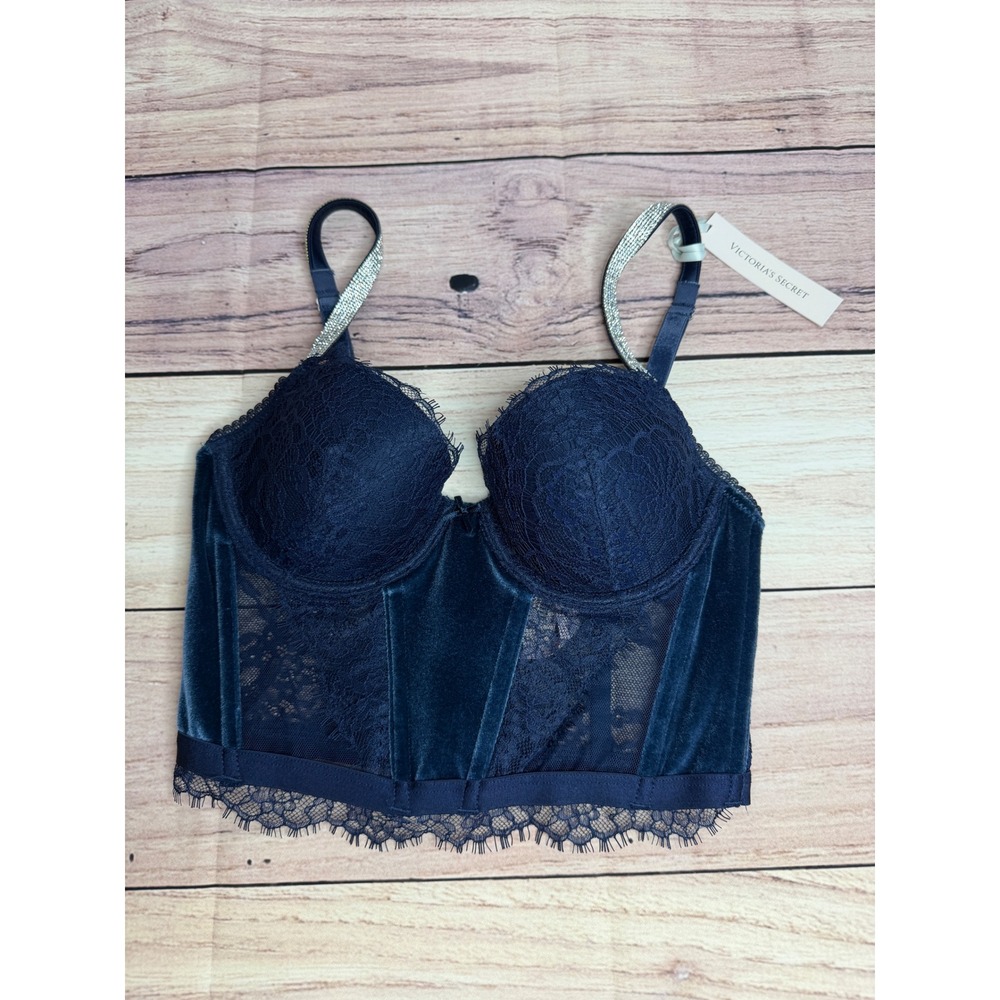 Victorias Secret Dream Angels Navy Velvet Lace Rhinestone Strap Bustier 32C
